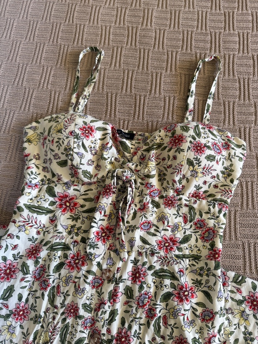 Floral Tie-Front Spaghetti Strap Midi Dress - White with Pink Floral - Picture 4 of 11